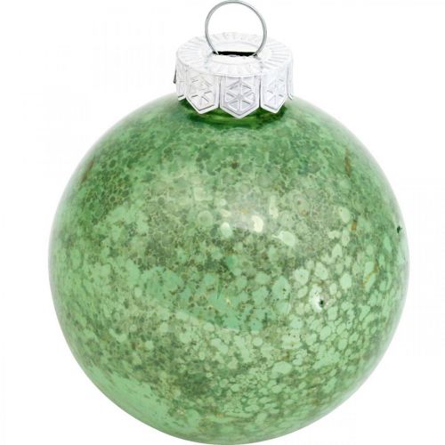 Artículo Bola de Navidad, decoración del árbol de Navidad, bola de cristal verde jaspeado H6,5cm Ø6cm vidrio real 24 piezas