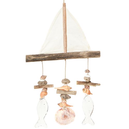 Floristik24 Carillón de viento de madera Velero con pez Blanco H56cm