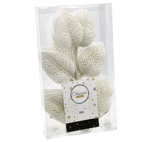 Artículo Decoración de invierno, hojas decorativas, rama artificial brillo blanco L36cm 10p