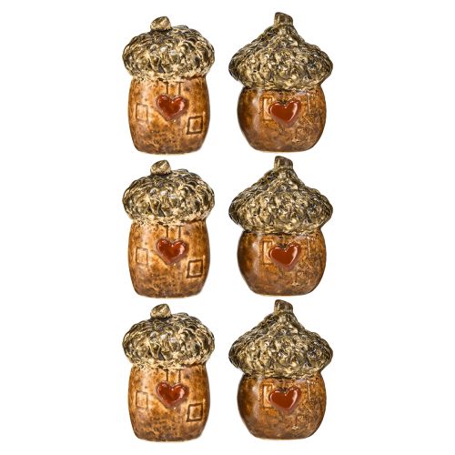 Artículo Bellota decorativa de cerámica con motivo de corazón marrón 6 cm - decoración de mesa de otoño - 6 piezas