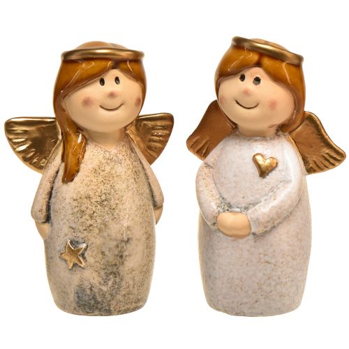 Figuras decorativas de ángeles en juego de 2 - crema y blanco con detalles dorados, 13 cm - adorno celestial para su hogar