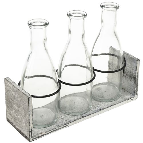 Juego de botellas rústicas en soporte de madera - 3 botellas de vidrio, blanco grisáceo, 24x8x20 cm - Versátil para decoración