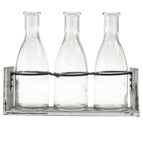 Artículo Juego de botellas rústicas en soporte de madera - 3 botellas de vidrio, blanco grisáceo, 24x8x20 cm - Versátil para decoración