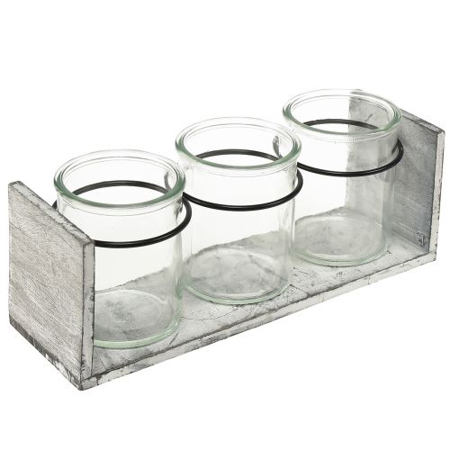 Recipiente de vidrio rústico con soporte de madera gris y blanco - 27,5x9x11 cm - Solución versátil de almacenamiento y decoración