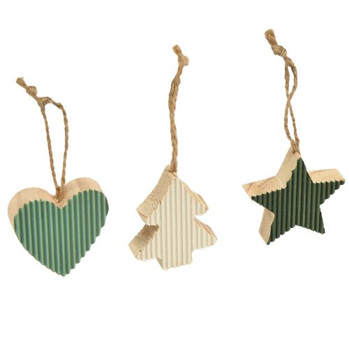 Floristik24 Juego de colgantes de madera para árbol de Navidad, corazón-árbol-estrella, verde menta-blanco, 4,5 cm, 9 piezas - Decoración navideña
