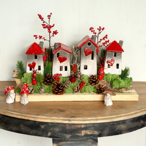 Románticas casas de cerámica con motivo de corazón en juego de 3 - rojo y tonos naturales, 10,9 cm - farolillos diseñados con cariño