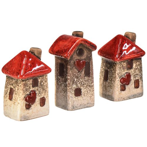 Casas de cerámica de 6 piezas con ventana de tejado roja y corazón - 6 cm - Decoración idílica para el hogar y el jardín