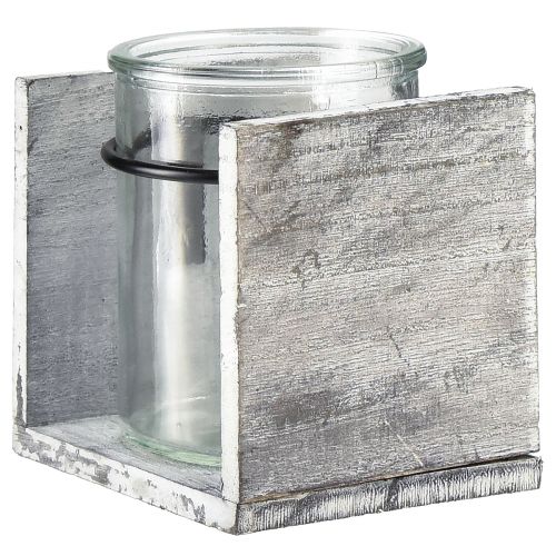 Artículo Portavelas de cristal con marco de madera rústica - blanco grisáceo, 10x9x10 cm 3 piezas - encantadora decoración de mesa