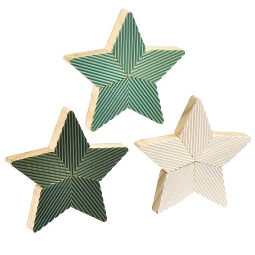 Decoración de mesa estriada de estrellas de madera verde menta blanco 11 cm 6 piezas