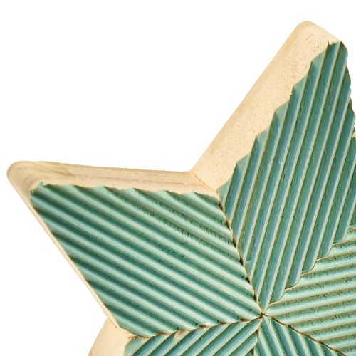 Artículo Estrellas de madera decoración de mesa estriada verde menta blanco 11cm 6 piezas