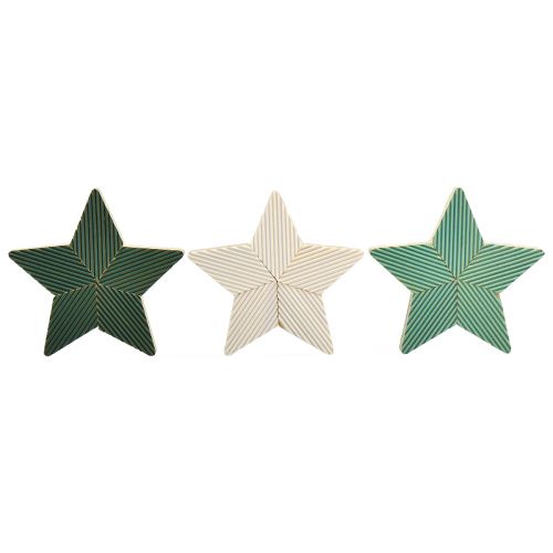 Artículo Estrellas de madera decoración de mesa estriada verde menta blanco 11cm 6 piezas