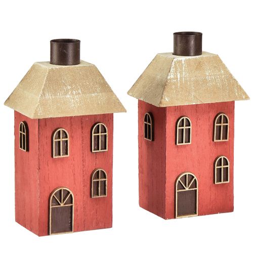 Portavelas casa madera palo rojo candelabro H14,5cm 2 piezas