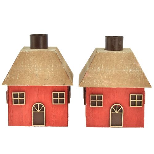 Artículo Portavelas casa navideña madera rojo 9×9×11cm 2ud