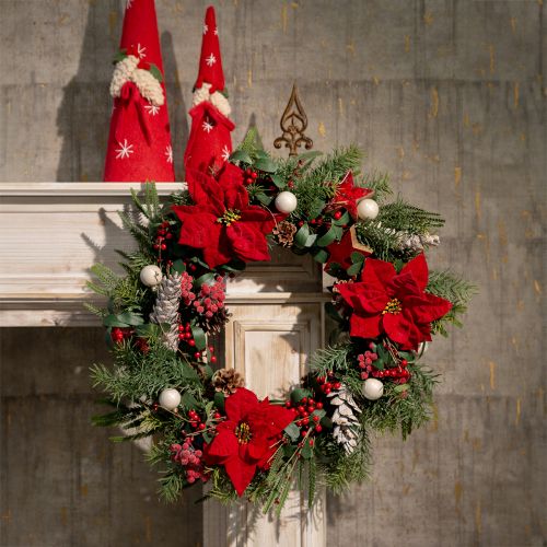 Decoración de flores artificiales de seda roja de nochebuena, 6 piezas en un ramo