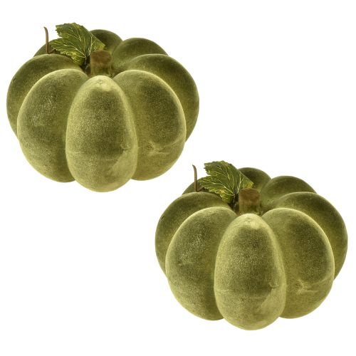 Artículo Decoración de calabaza flocada 20 cm aspecto terciopelo verde calabaza 2 piezas