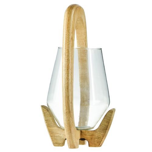 Artículo Farol de madera y cristal, farol decorativo de madera de mango natural Ø14cm H26cm