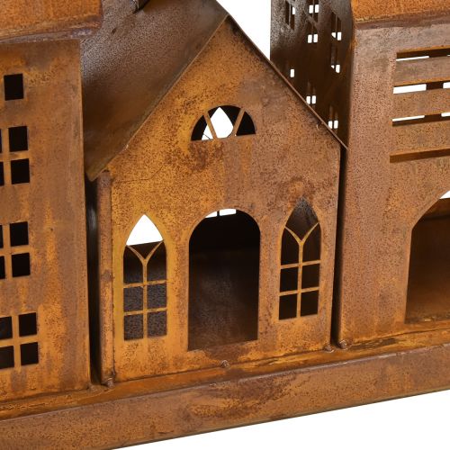 Artículo Casas luminosas vintage de metal con diseño oxidado – 80x15x35 cm – Atmosférica decoración navideña