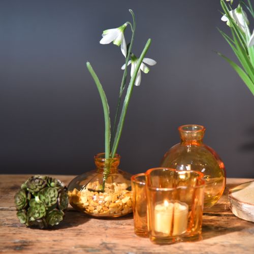 Artículo Mini jarrones de cristal bulbosos planos en color naranja Ø9cm 6 uds