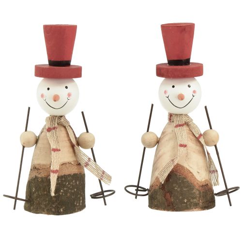 Adorable juego de 2 muñecos de nieve de madera con chistera roja - natural y rojo, 15,5 cm - decoración de mesa de invierno