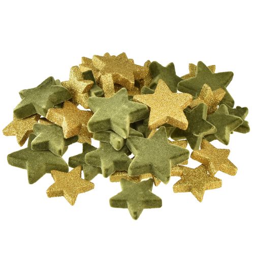 Artículo Estrellas decorativas dispersas verdes y doradas con purpurina decoración de mesa Navidad 4/5cm 40 piezas