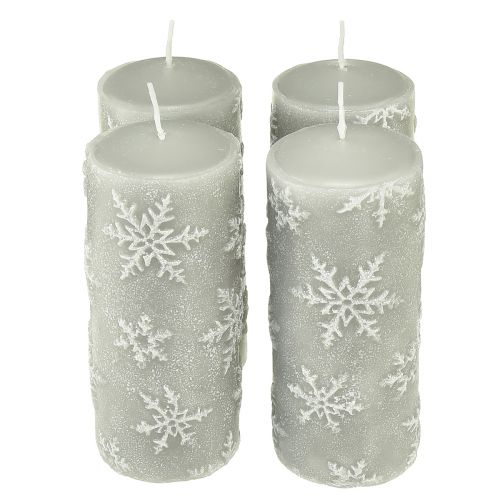 Floristik24 Velas de pilar velas grises copos de nieve 150/65mm 4 piezas